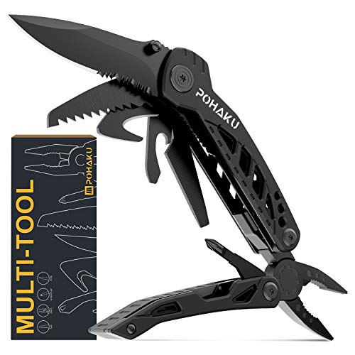 Multitool Knife, POHAKU 13 in 1 Portable Multifunctional Multi tool with 3' Large Blade, Spring-Action Plier, Safety Locking Design, and Durable Pouch for Outdoor, Camping, Fishing, Survival and More