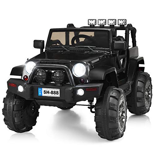 Costzon Ride On Truck, 12V Battery Powered Electric Ride On Car w/ 2.4 GHZ Bluetooth Parental Remote Control, LED Lights, Double Open Doors, Safety Belt, Music, MP3, Spring Suspension (Deluxe Black)