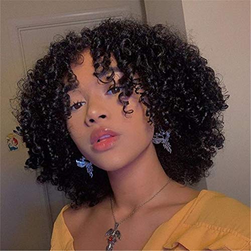 HANGFIRST Short Bob Curly Human Hair Wigs Brazilian Human Hair Kinky Curly Wigs with Bangs None Lace Front Wigs Natural Looking for Black Women(1 B)