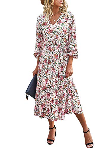 PRETTYGARDEN Women’s Summer V Neck Wrap Vintage Floral Print Short Sleeve Split Belted Flowy Boho Beach Long Dress (Sleeve-White, Small)