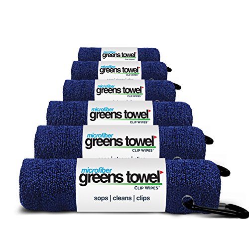 Greens Towel 6 Pack Navy | The Convenient Golf Towel | Microfiber 16'x16' with Clip (Navy Blue)