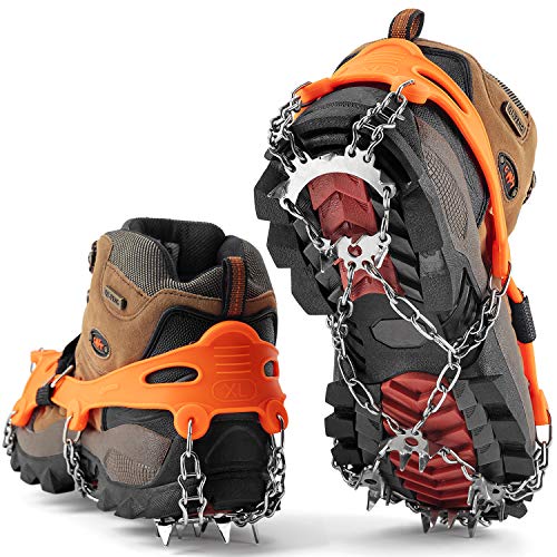 SHARKMOUTH Crampons Ice Traction Cleats, Ice Snow Grips for Boots and Shoes, Anti Slip 23 Stainless Steel Spikes, Safe Protect for Walking, Jogging, Climbing or Hiking on Snow and Ice, Orange Large