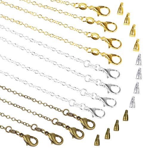 PP OPOUNT 30 Pack Necklace Chains in Gold, Silver and Bronze Plated, Bulk Cable Chain with 60 Pieces Pinch Clasp Bails Dangle Charms for Jewelry Making (18inch/1.2mm)