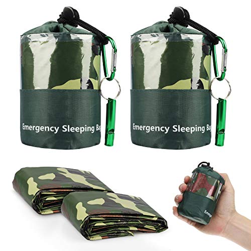 EEEKit 2Pack Emergency Sleeping Bag, Waterproof Lightweight Survival Bivy Sack, Thermal Emergency Shelter Compact Survival Blanket Bags with Survival Whistle for Outdoor Hiking Camping, Camouflage