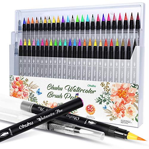 Watercolor Brush Markers Pen, Ohuhu 48 Colors Water Based Drawing Marker Brushes W/A Water Coloring Brush, Water Soluble for Adult Coloring Books Calligraphy Mother's Day Back To School Gifts