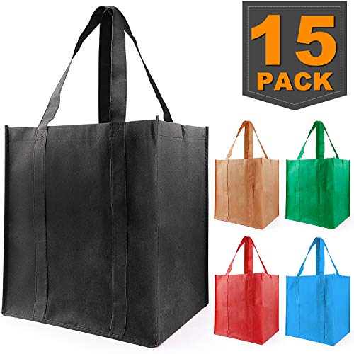 Grocery Bags Reusable Foldable, Durable Heavy Duty Shopping Totes, Washable, Long Handles & Eco Friendly Reusable Shopping Bags (15 Pack)