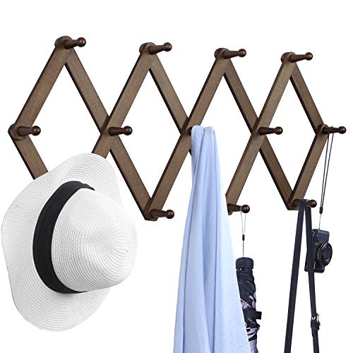OROPY Wooden Expandable Coat Rack Hanger, Wall Mounted Accordion Pine Wood Hook for Hanging Hats, Caps, Mugs, Coats, Walnut Color