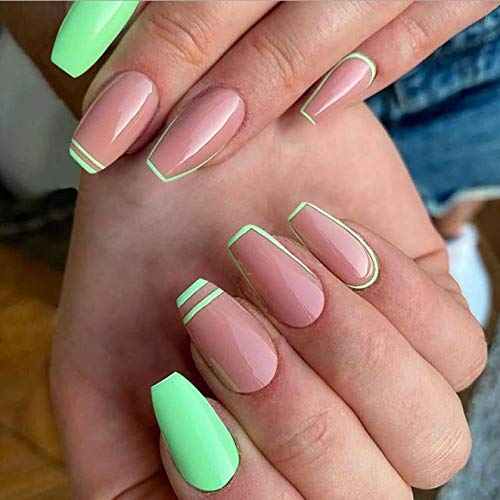 Favelo Coffin Press on Nails Nude Short Fake Nails Acrylic Glossy Full Cover False Nails Tips Accessories for Women and Girls(24pcs) (Nude Mix Green)