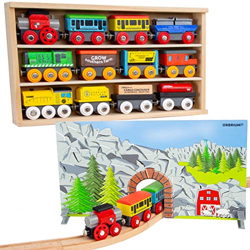 Orbrium Toys 12 (20 Pcs) Wooden Train Cars for Kids + Dual-use Wooden Box Cover/Tunnel Wooden Train Set Trains Toy Compatible with Thomas Wooden Railway, Brio