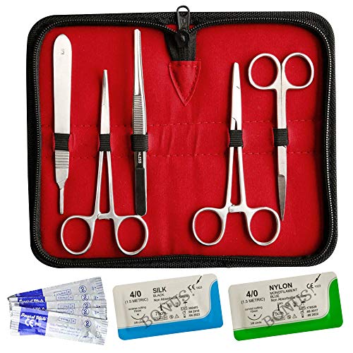Suture Kit - 10 Piece Stainless Steel Training Instruments With Scalpel Handle and 5 #10 Blades. For Medical, Veterinarian, Biology and Dissection Lab Students.