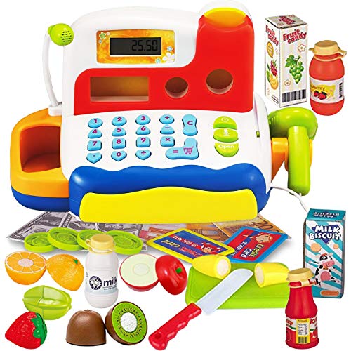 FUNERICA Durable Cash Register Toy for Kids | with Electronic Sounds, Microphone, Scanner, Calculator, Pretend Play Food Toys, Cuttable Fruits, Cashier Toy, Play Money, & Grocery Toys