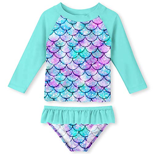 Little Girls Rash Guard Swimsuit Set All Over Print Mermaid Scales 2-Piece Long Sleeve Swimwear Protect Skin 5-6T