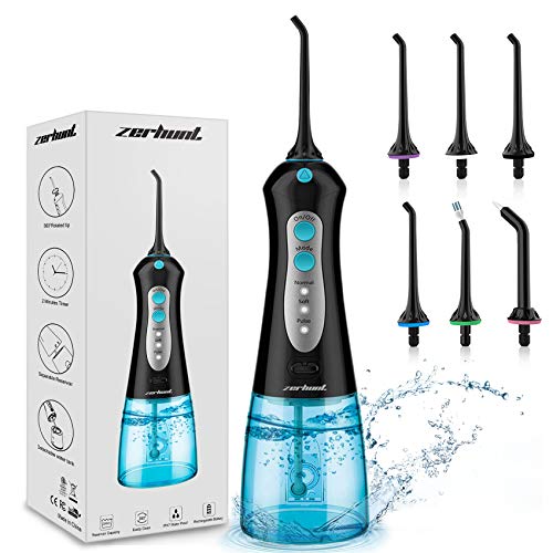 Cordless Water Flosser Teeth Cleaner, [NEWEST 2020] High Pulse Rechargable Portable Oral Irrigator For Travel, Braces & Bridges Care, IPX7 Waterproof With 6 Interchangeable Jet Tips, Black