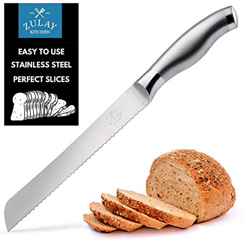 Zulay Serrated Bread Knife 8 inch - Ultra-Sharp & Durable Blade For Easy Slicing - Lightweight 304 Stainless Steel One Piece Design with Tip Safety Guard - Cut & Slice Bread, Vegetables & More