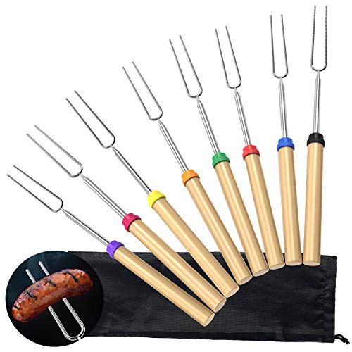 Adoric Marshmallow Roasting Sticks, 8 Pack Roasting Sticks with Wooden Handle 32 Inch Extendable BBQ Forks Telescoping Smores Sticks for Fire Pit, Campfire