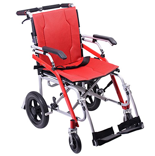 Hi-Fortune 21 lbs Lightweight Transport Medical Wheelchair with Adjustable Armrests and Hand Brakes, Portable and Folding with Magnesium Alloy, 18' Seat, Red