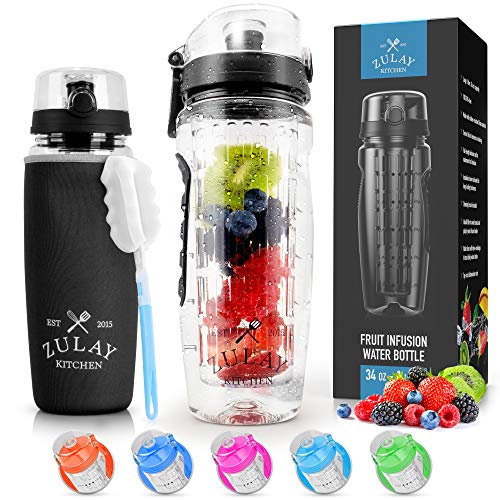 Zulay (34oz Capacity) Fruit Infuser Water Bottle With Sleeve - BPA Free Anti-Slip Grip & Flip Top Lid Infused Water Bottles for Women & Men - Water Infusion Bottle With Cleaning Brush - Onyx Black