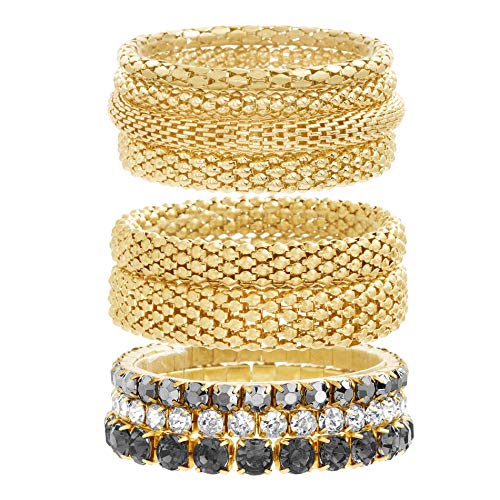 Steve Madden Yellow Gold Tone and Black Rhinestone Stretch Bangle Bracelet Set For Women, One Size (SMB488501GD)