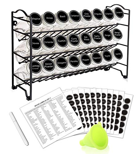 SWOMMOLY Spice Rack with 24 Empty Square Spice Jars, 396 Spice Labels with Chalk Marker and Funnel Complete Set, for Countertop, Cabinet or Wall Mount