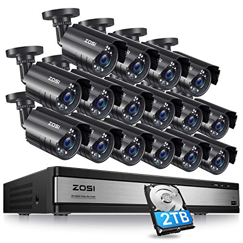 ZOSI H.265+ 1080p 16 Channel Security Camera System with Hard Drive 2TB,16CH 1080P HD-TVI CCTV DVR and 16 x Outdoor Indoor Surveillance Bullet Camera 1080p with Night Vision,Remote Control, Alert Push