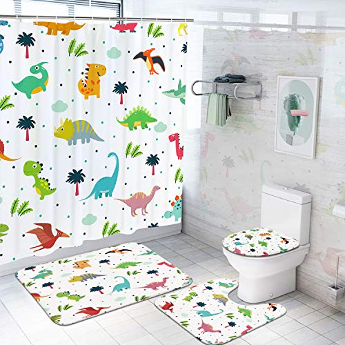 4Pcs Cartoon Dinosaurs Shower Curtain Set with Non-Slip Rugs Toilet Lid Cover and Bath Mat Colorful Cute Dinosaurs Bath Curtain with 12 Hooks Durable Waterproof Fabric Shower Curtain for Kids