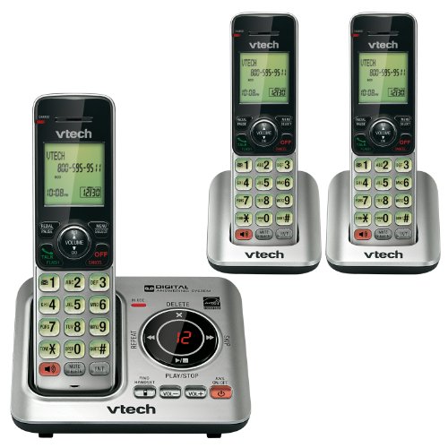 VTech CS6629-3 DECT 6.0 Expandable Cordless Phone with Answering System and Caller ID/Call Waiting, Silver with 3 Handsets, 6.9' x 6.7' x 5.2'