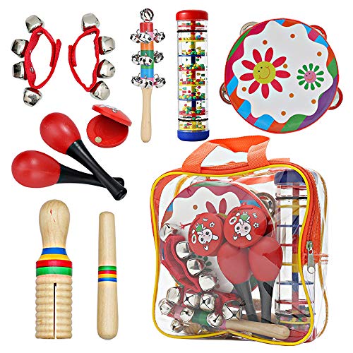 Kids Musical Set Toys Drum Percussion Instruments,12pcs Multifunctional Preschool Education Learning Musical Toys Gifts for Girls with Wrist Bells,Guiro Scraper,Wrist Bells (Red)