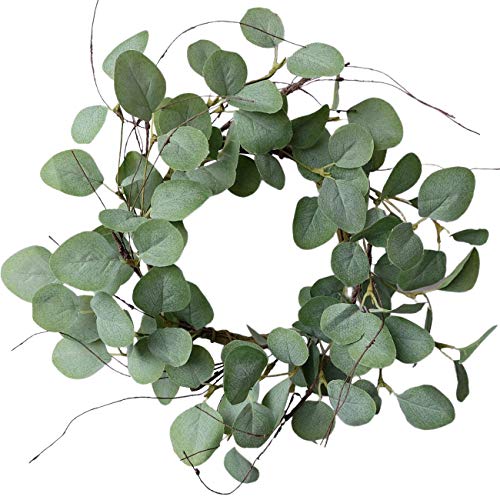 idyllic Eucalyptus Leaves Wreath Metal Polyester Fabric Paper Round Green Wreath 16 Inches for The Front Door Décor, 1 Pack