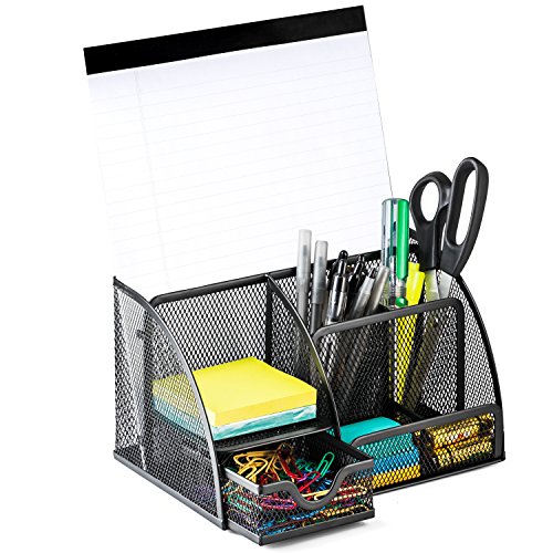 Halter Steel Mesh Desk Organizer Supply Caddy with 6 Compartments And 1 Drawer - Black