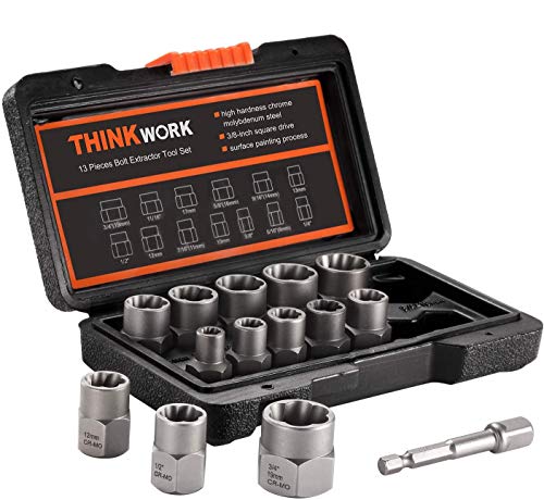THINKWORK Impact Bolt Extractor Tool Set, 13+1 Pieces Stripped Lug Nut Remover, Nut Removal Tool, Bolt Extractor Socket Set with Hex Adapter
