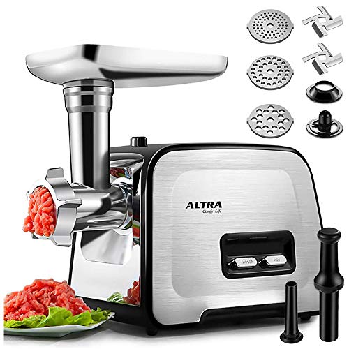 Powerful ALTRA Electric Food Meat Grinder, Heavy Duty Multifunction Meat Mincer Sausage Stuffer with Sausage Tube & Kubbe Maker, 2 Stainless Steel Blades, 3 Sizes Plates, Concealed Storage Box Design