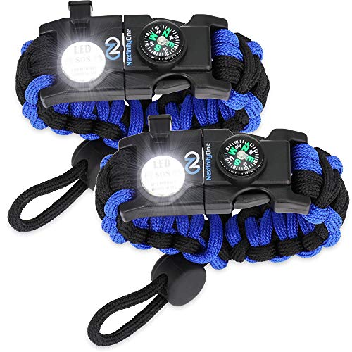 Nexfinity One Survival Paracord Bracelet - Tactical Emergency Gear Kit with SOS LED Light, Knife, 550 Grade, Adjustable, Multitools, Fire Starter, Compass, and Whistle - Set of 2 Blue