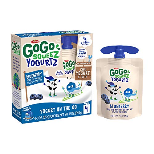 GoGo squeeZ yogurtZ, Blueberry, 3 Ounce (4 Pouches), Low Fat Yogurt, Gluten Free, Pantry-friendly, Recloseable, BPA Free Pouches