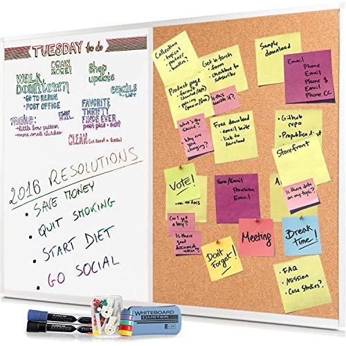 Dry Erase Cork Board Combo Set - 28 x 20 Magnetic White Board and Cork Bulletin Combination Board, Use as Vision, Message Board, Memo Board - 2 Dry Erase Markers, Eraser, Magnets, Push Pins