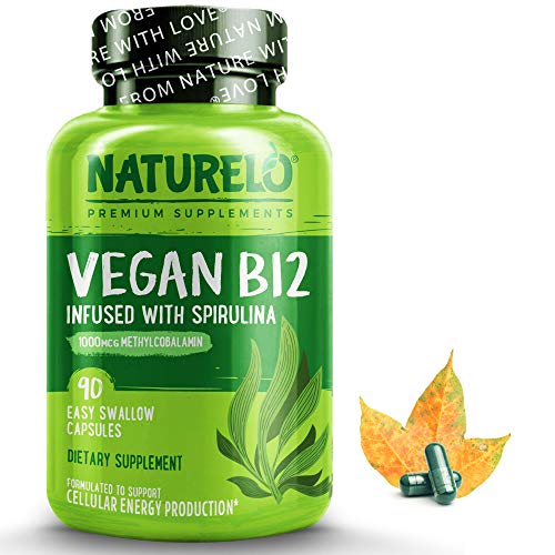 NATURELO Vegan B12 with Organic Spirulina - Best Natural Supplement for Energy, Metabolism and Stress - High Potency 1000 mcg B12 (Methylcobalamin) - Non GMO, Gluten Free - 90 Mini Capsules