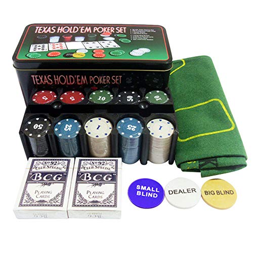 Poker Chip Set for Texas Hold'em Blackjack Casino Gambling with 200 Poker Chips Set - Card Game Table Cloth - 2 Decks Cards - Dealer Button in Aluminum Case for Playing Game Family Friends Party