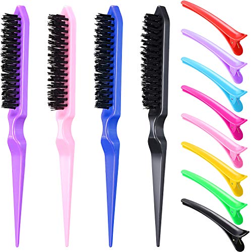 12 Pieces Teasing Brushes Hair Clips Set 4 Pieces Nylon Teasing Hair Brush Three Row Tail Handle Brush Combs 8 Pieces Duckbill Clip for Hair Styling