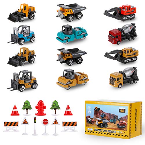 Diecast Construction Vehicles for Kids, Small Toy Construction Trucks Set Toys Cars with Road Sign, Small Construction Vehicles Site Toy Bulk Toddler Stocking Stuffers Gift for 3 4 5 Year Old Boys