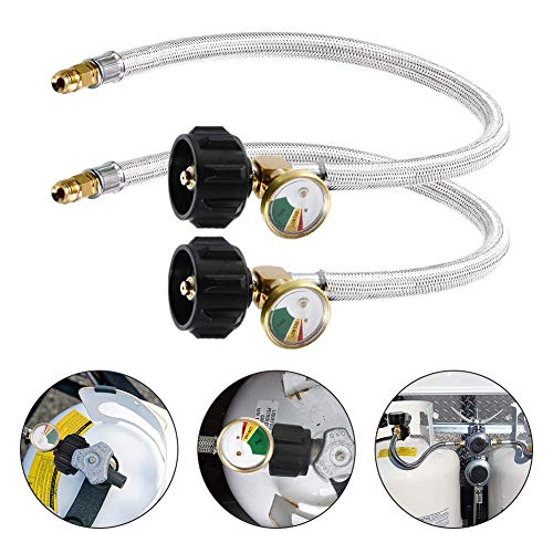 Lutingstore 18' RV Propane Pigtail Hose with Tank Gauge, Stainless Steel Braided RV Propane Hose Connector with Type 1/4' Inverted Male Flare, with Tape and Cover (2 Set)