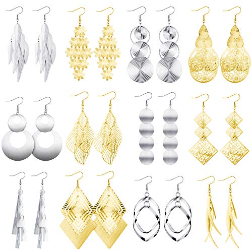 12 Pairs Drop Dangle Earrings Bohemian Long Fringed Drop Earrings Vintage Statement Earrings for Women Girls Favors (Silver, Gold)