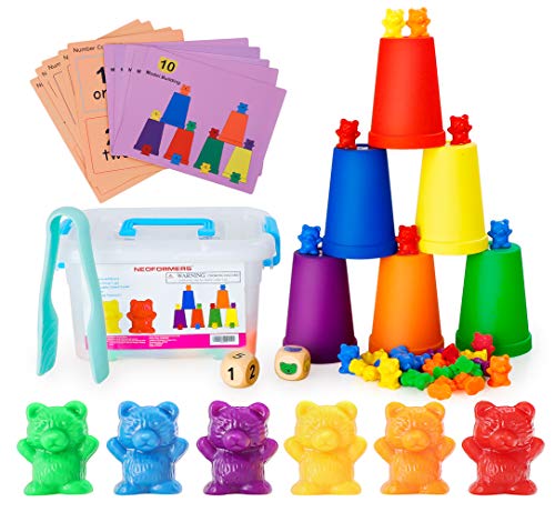 Neoformers Counting Bears with Matching and Sorting Cups, Preschool Math Learning and Color Recognition Games, STEM Educational Toy for Toddlers, Bonus 1 Tweezers, 2 Dices and 10 Activity Cards