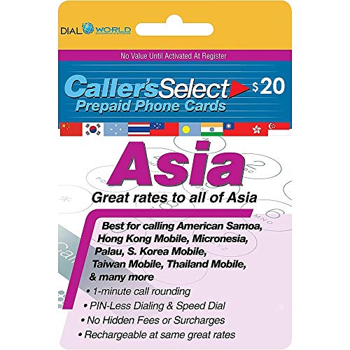 $20 Caller's Select Asia Phone Calling Card Calls to The India, South Korea, Thailand, China, Taiwan, Pakistan, Hong Kong, Indonesia, Singapore, Laos, Malaysia, Vietnam and Many More.