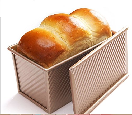 Pullman Loaf Pan w Cover Bread Toast Mold corrugated loaf Pan w lid 1lb dough Alluminum Alloy Non Stick Gold (8.5X4.75X4.375INCH)