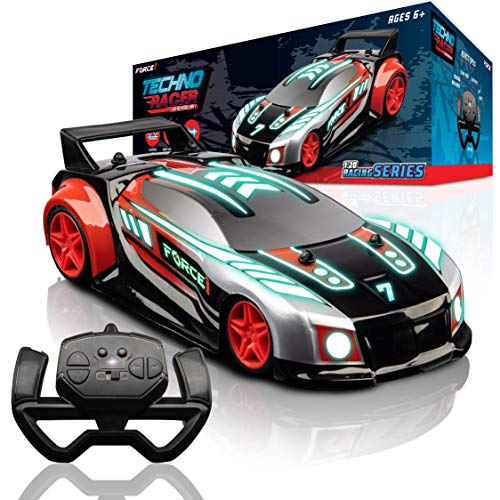 Force1 Techno Racer Remote Control Car for Kids - LED Light RC Car, High Speed Race Drift RC Car Toy with Music, Toy Car with Engine Sounds, Light Up Car Shell, Remote Control, Rechargeable, USB (Red)