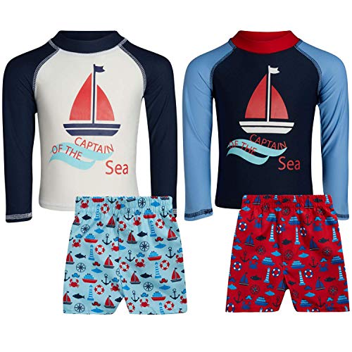 Sweet & Soft Boys UPF 50+ Boys Long Sleeve 4 Piece Rash Guard & Trunk Swimsuit Set (Infant/Toddler/Big Kid), Size 24 Months, Captain of The Sea