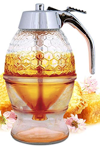Hunnibi Honey Dispenser No Drip Glass - Maple Syrup Dispenser Glass - Beautiful Honey Comb Shaped Honey Pot - Honey Jar with Stand, Great Bee Decor