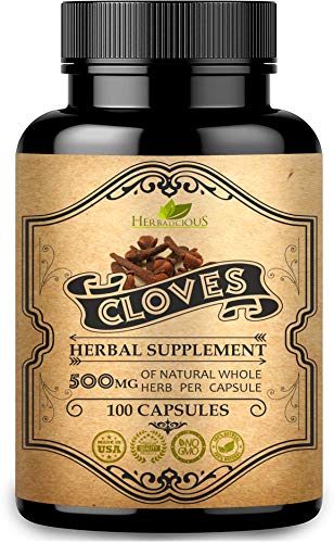 HERBALICIOUS Cloves Capsules - Natural Organic Dietary Supplement - Rich in Vitamins, Minerals, Manganese, Fiber - May Help Strengthen Bones, Promote Digestive Function, Antioxidant Support - 100 Caps