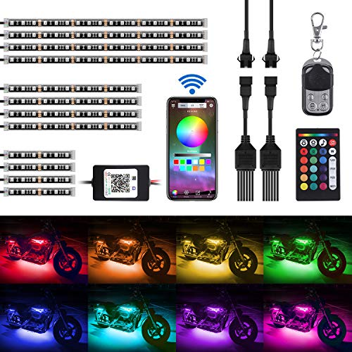 AMBOTHER 12Pcs Motorcycle LED Light Kit Strips RGB Waterproof with APP IR RF Wireless Remote Controllers Multi-Color Underglow Neon Ground Effect Atmosphere Lights