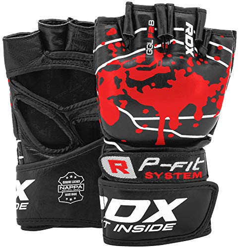 RDX MMA Gloves for Martial Arts Grappling Training, Approved by SMMAF, Open Palm Cowhide Leather Sparring Mitts, Adjustable Wrist Straps and Gel Padding for Muay Thai Kickboxing Punching Cage Fighting
