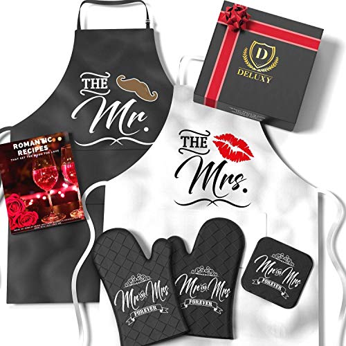 Mr & Mrs Aprons For Happy Couple - Memorable Bridal Shower Gifts For Bride, Engagement Gifts For Her, Wedding Gifts For The Couple- Romantic Recipe Book, Oven Mitts & Potholder